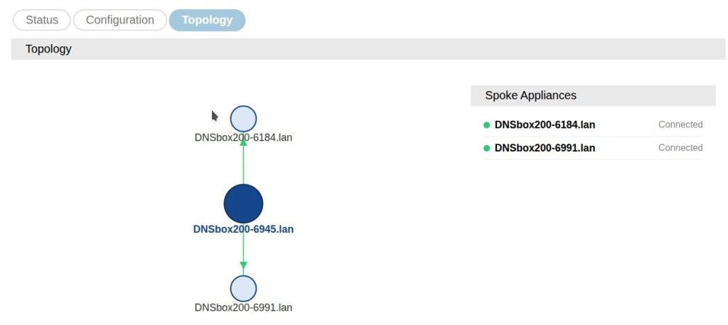 Live topology view: one hub appliance, two connected spokes.