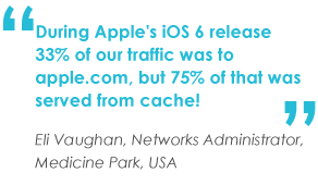 During Apple's iOS 6 release 33% of our traffic was to apple.com, but 75% of that was served from cache! - Eli Vaughan, Networks Administrator, Medicine Park, USA